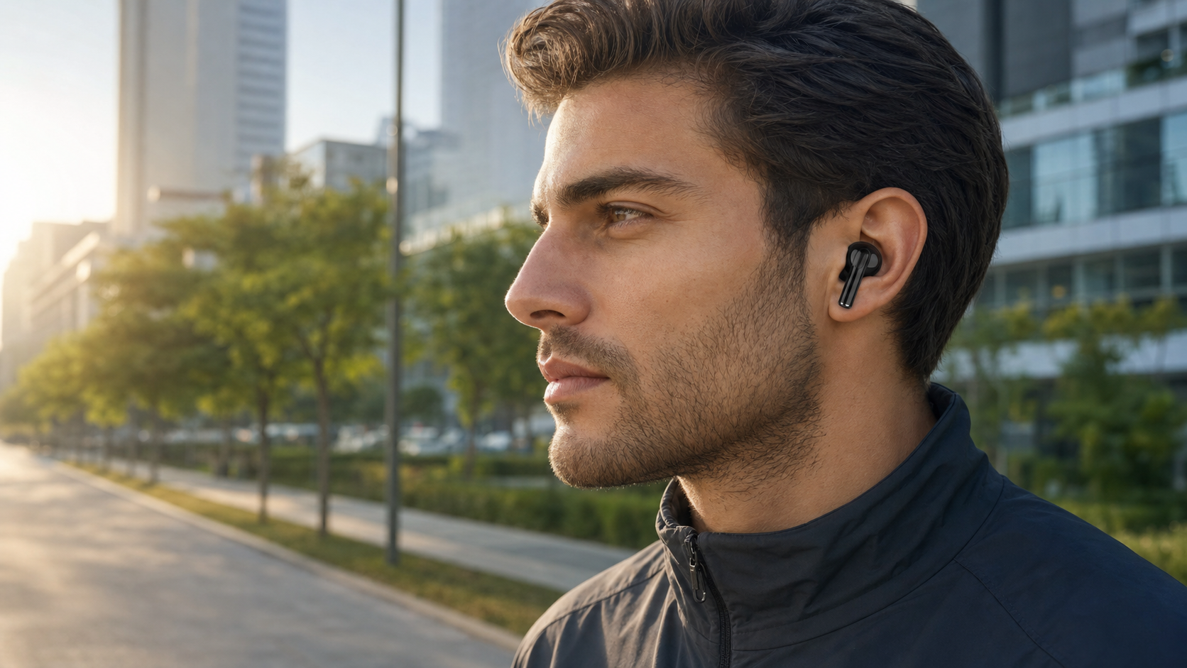 Runner wearing a black Electric J wireless earbud on a city path