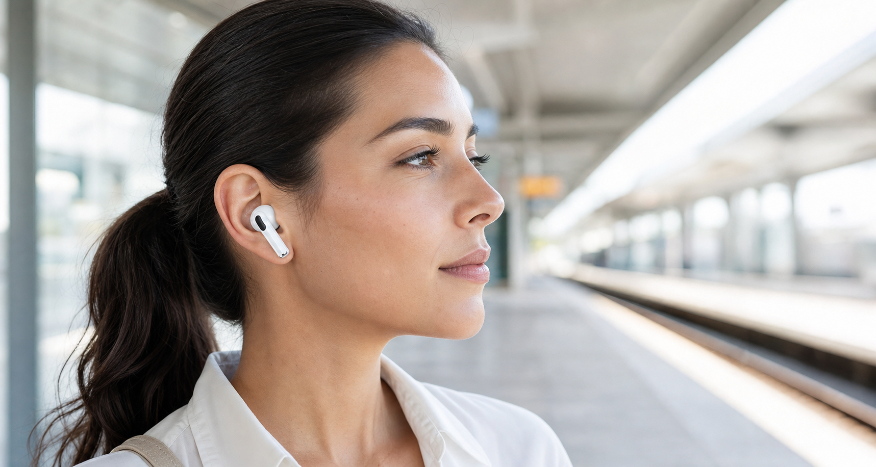 Commuter wearing a white Electric J wireless earbud at a modern train platform